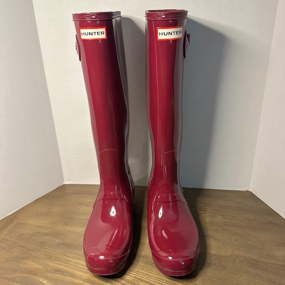 Hunter Original Tall Gloss Waterproof Rubber Rain Boots Plum Purple Women US 9 - Picture 4 of 9